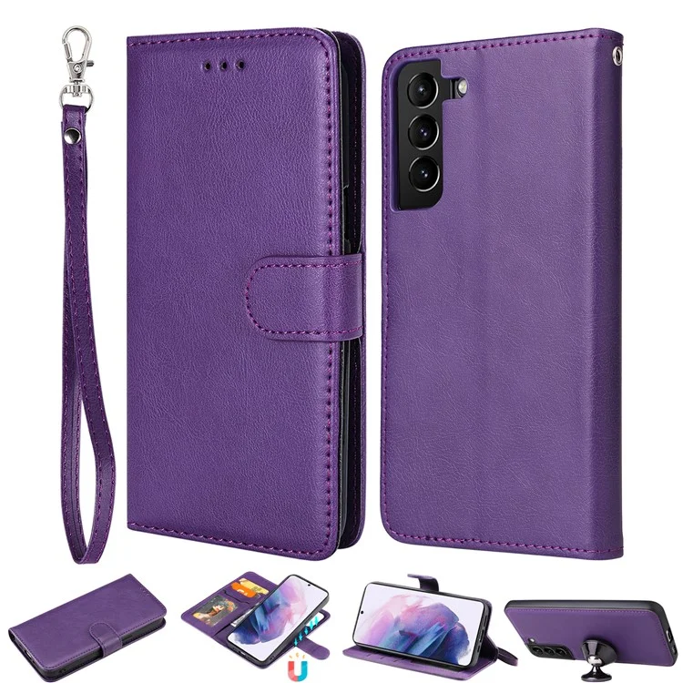 For Samsung Galaxy S22 5G Case 2 in 1 Detachable Magnetic Leather Wallet Mobile Cover with Strap - Purple