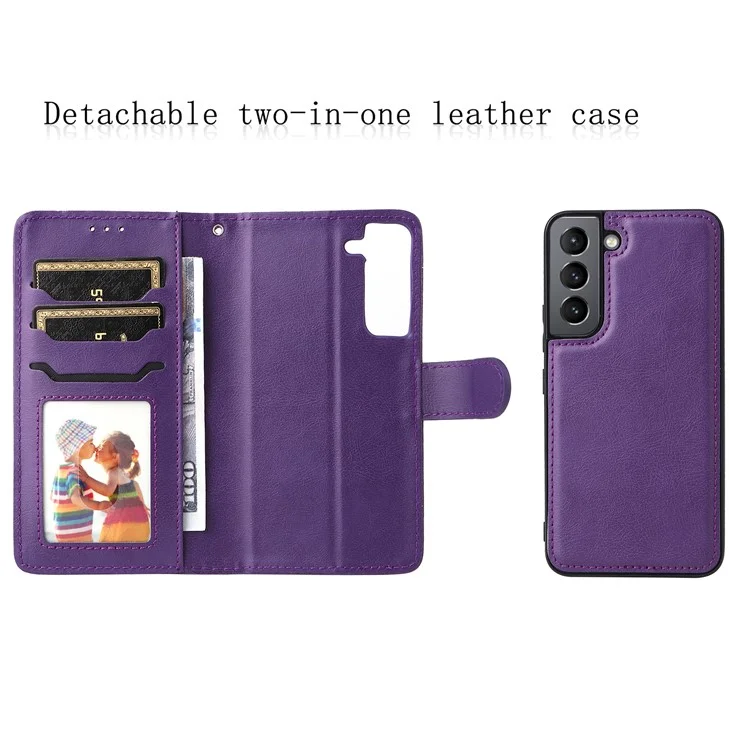 For Samsung Galaxy S22 5G Case 2 in 1 Detachable Magnetic Leather Wallet Mobile Cover with Strap - Purple