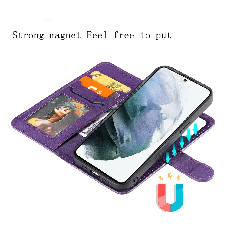 For Samsung Galaxy S22 5G Case 2 in 1 Detachable Magnetic Leather Wallet Mobile Cover with Strap - Purple