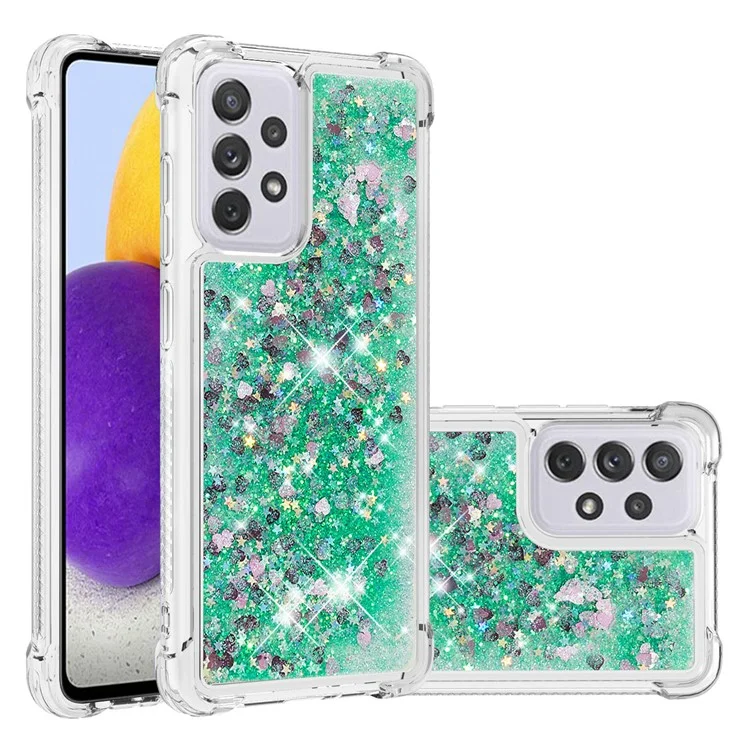 Capa com Glitter da Série LE1 para Samsung Galaxy A73 5G, Líquido Cintilante Quicksand Flutuante de TPU Macio Protetor de Telefone - Verde/Corações