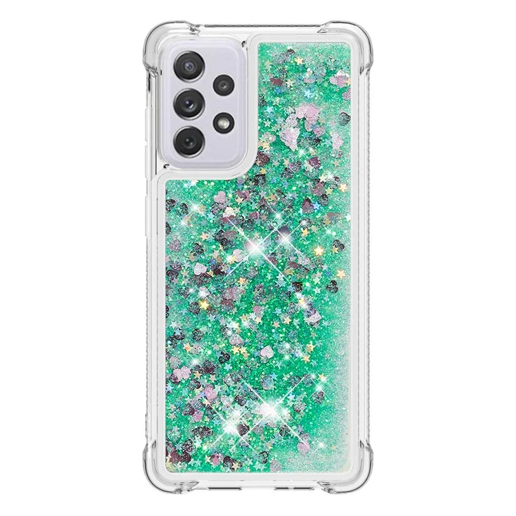 Capa com Glitter da Série LE1 para Samsung Galaxy A73 5G, Líquido Cintilante Quicksand Flutuante de TPU Macio Protetor de Telefone - Verde/Corações