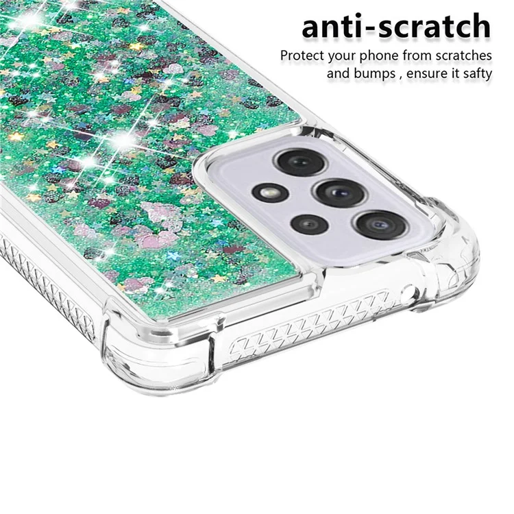 Capa com Glitter da Série LE1 para Samsung Galaxy A73 5G, Líquido Cintilante Quicksand Flutuante de TPU Macio Protetor de Telefone - Verde/Corações