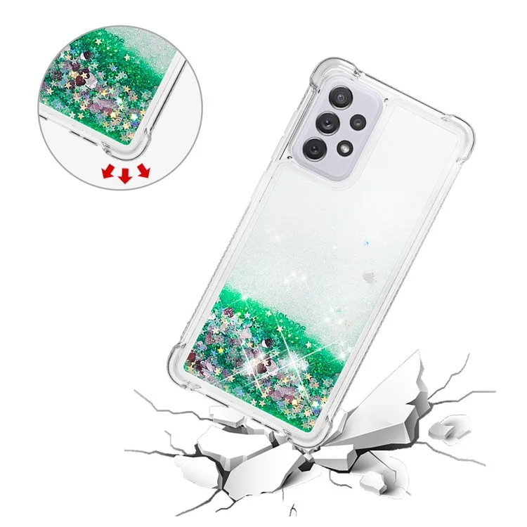 Capa com Glitter da Série LE1 para Samsung Galaxy A73 5G, Líquido Cintilante Quicksand Flutuante de TPU Macio Protetor de Telefone - Verde/Corações