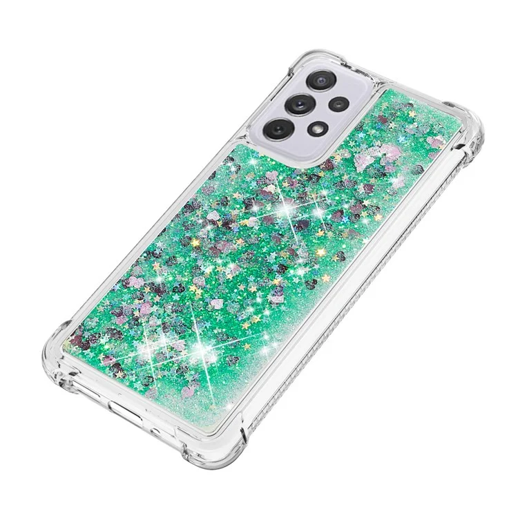 Capa com Glitter da Série LE1 para Samsung Galaxy A73 5G, Líquido Cintilante Quicksand Flutuante de TPU Macio Protetor de Telefone - Verde/Corações