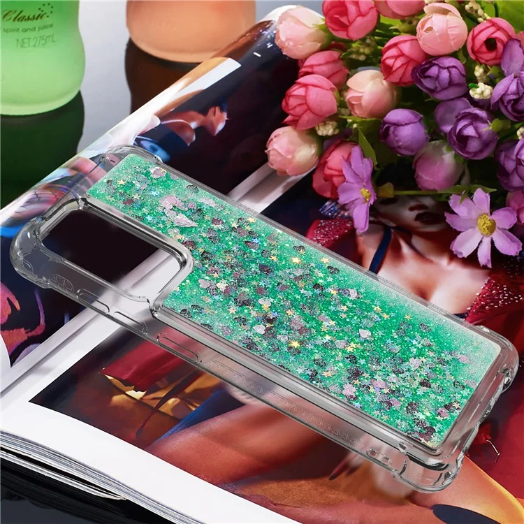Capa com Glitter da Série LE1 para Samsung Galaxy A73 5G, Líquido Cintilante Quicksand Flutuante de TPU Macio Protetor de Telefone - Verde/Corações