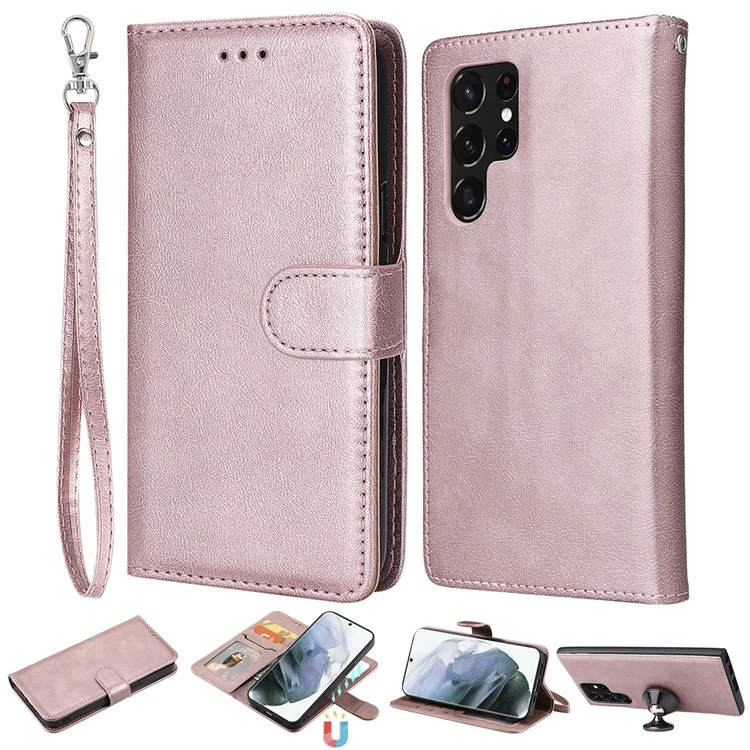 KT Leather Series-3 Destacável 2-em-1 Caixa de Telefone de Design Para Samsung Galaxy S22 Ultra 5G, PU Sistão de Catura de Catura Tampa de Proteção à Prova de Choque Magnética Com Cinta - Rosa Ouro