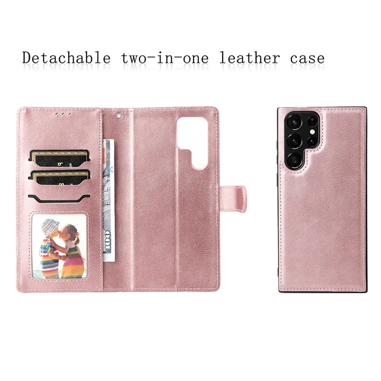 KT Leather Series-3 Destacável 2-em-1 Caixa de Telefone de Design Para Samsung Galaxy S22 Ultra 5G, PU Sistão de Catura de Catura Tampa de Proteção à Prova de Choque Magnética Com Cinta - Rosa Ouro