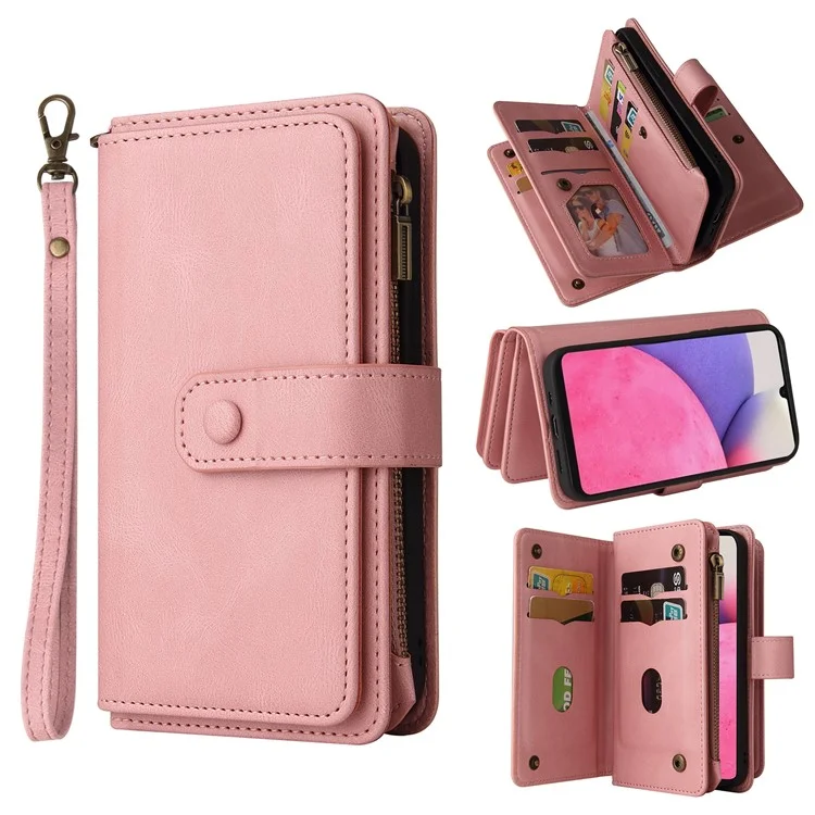 Pour Samsung Galaxy A53 5G Skin-touch Feeling KT Multi-functional Series-2 Plusieurs fentes pour cartes Portefeuille en cuir PU Poche zippée Étui de téléphone Support - Rose