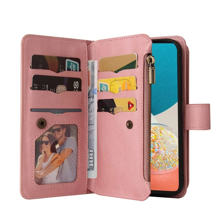 Pour Samsung Galaxy A53 5G Skin-touch Feeling KT Multi-functional Series-2 Plusieurs fentes pour cartes Portefeuille en cuir PU Poche zippée Étui de téléphone Support - Rose