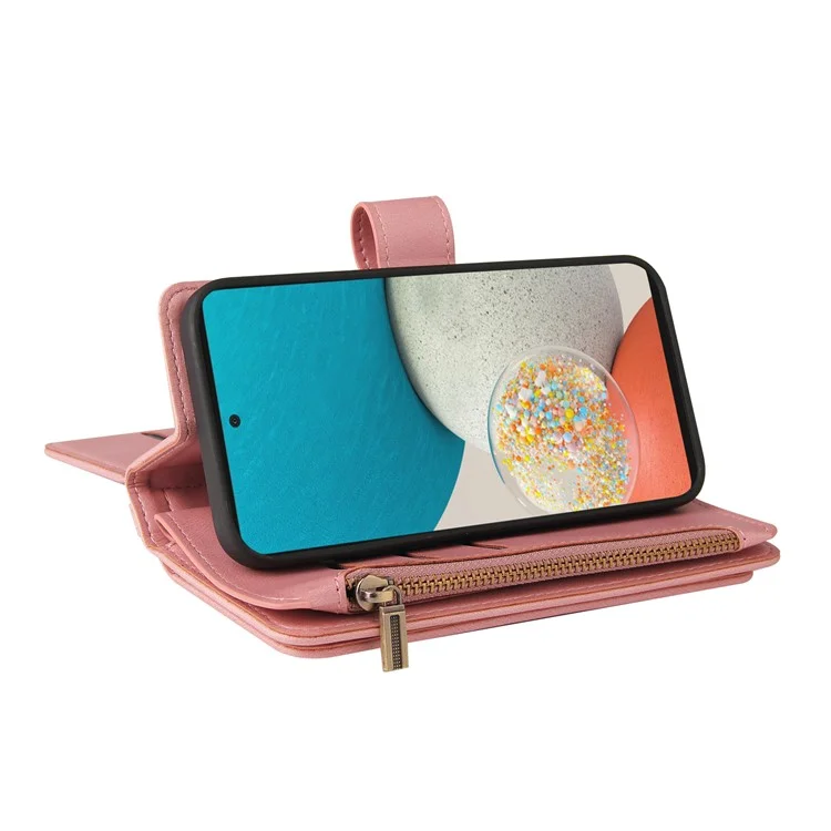 Pour Samsung Galaxy A53 5G Skin-touch Feeling KT Multi-functional Series-2 Plusieurs fentes pour cartes Portefeuille en cuir PU Poche zippée Étui de téléphone Support - Rose