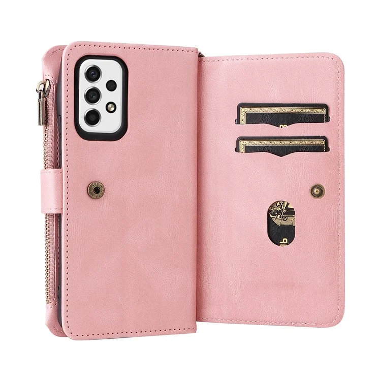 Pour Samsung Galaxy A53 5G Skin-touch Feeling KT Multi-functional Series-2 Plusieurs fentes pour cartes Portefeuille en cuir PU Poche zippée Étui de téléphone Support - Rose