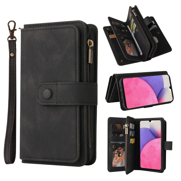 For Samsung Galaxy A13 4G Zipper Wallet Case with 15 Card Slots and Strap Leather Phone Cover - Black