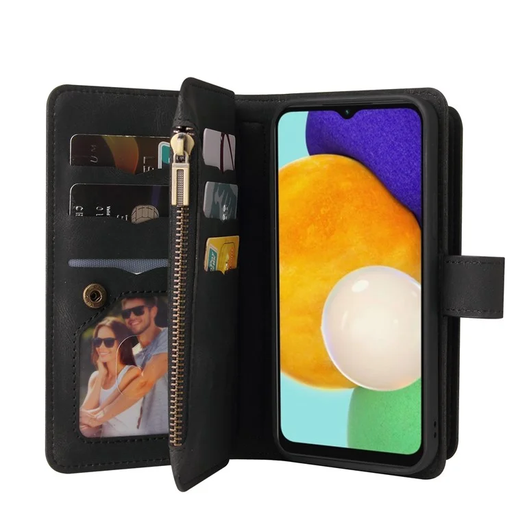 For Samsung Galaxy A13 4G Zipper Wallet Case with 15 Card Slots and Strap Leather Phone Cover - Black