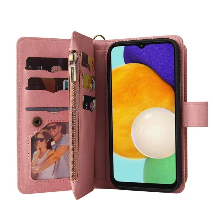 Für Samsung Galaxy A13 4G Stoßfest KT Multi-funktional Serie-2 Mehrfache Kartenfächer Hautgefühl Wallet Design PU-Leder Gut geschützter Reißverschluss Handyhülle mit Ständer - Pink