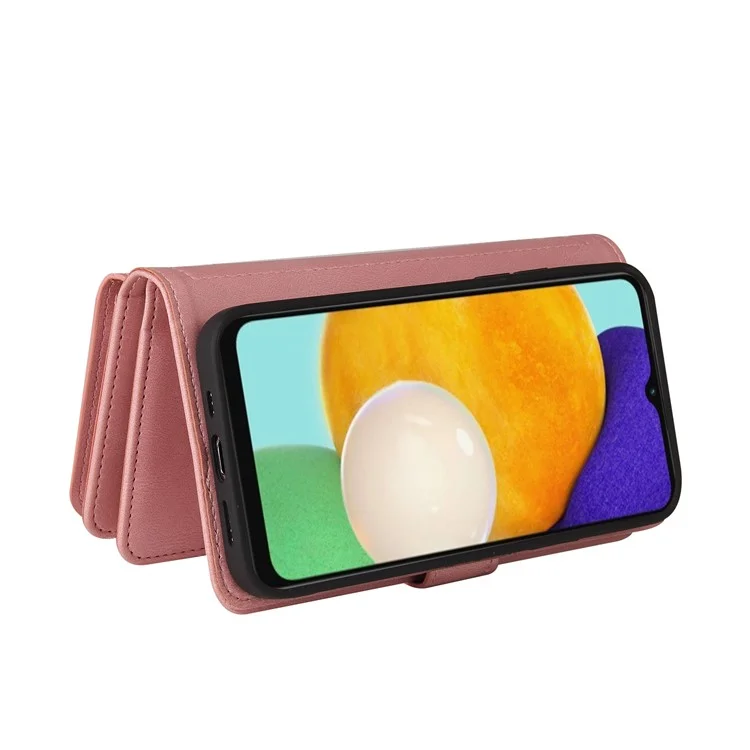 Für Samsung Galaxy A13 4G Stoßfest KT Multi-funktional Serie-2 Mehrfache Kartenfächer Hautgefühl Wallet Design PU-Leder Gut geschützter Reißverschluss Handyhülle mit Ständer - Pink