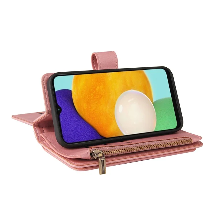Für Samsung Galaxy A13 4G Stoßfest KT Multi-funktional Serie-2 Mehrfache Kartenfächer Hautgefühl Wallet Design PU-Leder Gut geschützter Reißverschluss Handyhülle mit Ständer - Pink
