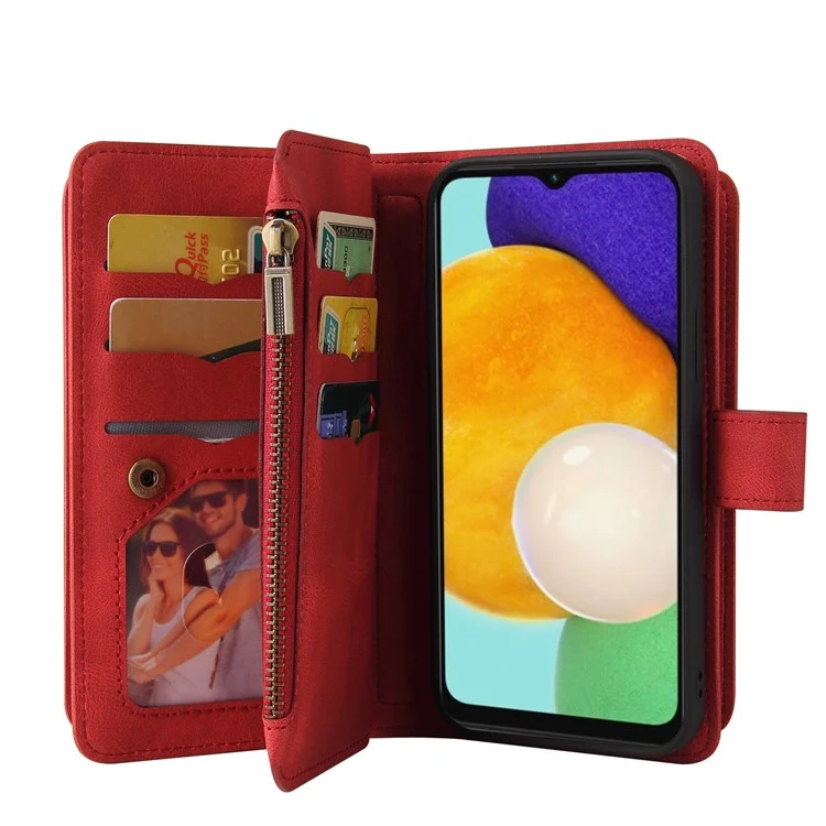 For Samsung Galaxy A13 4G Shockproof KT Multi-functional Series-2 Multiple Card Slots Skin-touch Feeling Wallet Design PU Leather Well-protected Zipper Phone Case with Stand - Red