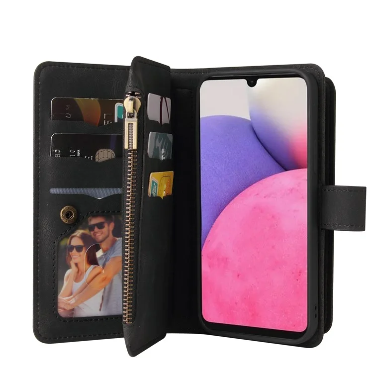 Per Samsung Galaxy A33 5G KT Multi-functional Series-2 Multiple Card Slots Drop-proof Skin-touch Feeling Wallet Design PU Leather Zippered Pocket Phone Case with Stand - Nero