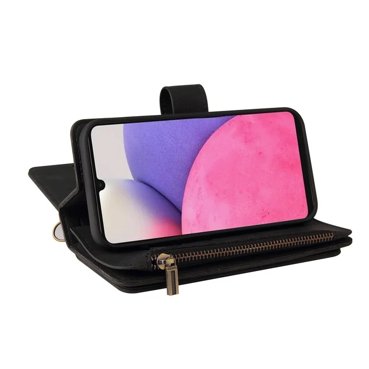 Per Samsung Galaxy A33 5G KT Multi-functional Series-2 Multiple Card Slots Drop-proof Skin-touch Feeling Wallet Design PU Leather Zippered Pocket Phone Case with Stand - Nero