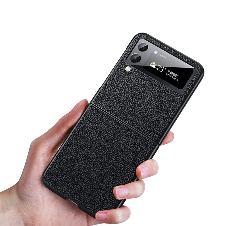 Для Samsung Galaxy Z Flip3 5G Genuine Leather Coated Hard PC Case Litchi Texture Folding Phone Cover - Чёрный