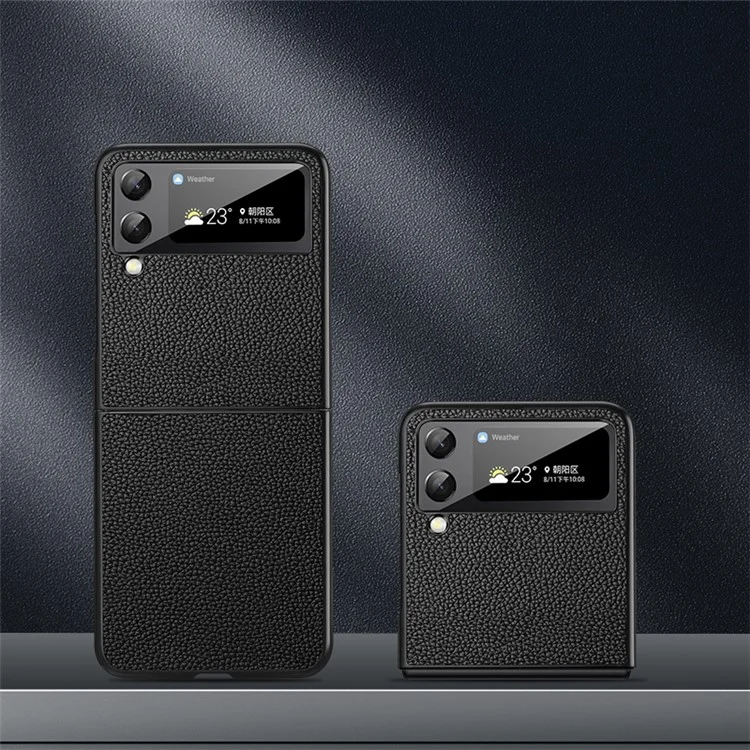 Для Samsung Galaxy Z Flip3 5G Genuine Leather Coated Hard PC Case Litchi Texture Folding Phone Cover - Чёрный
