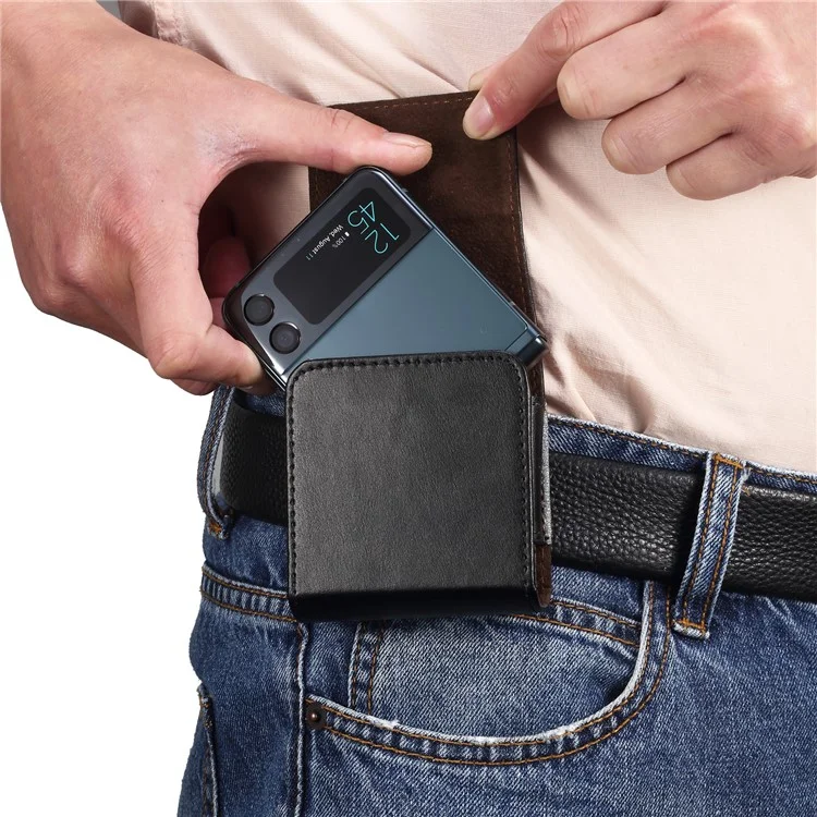 Funda de Teléfono de Cuero Genuino Plegable para la Cintura para Huawei P50 Pocket / Pocket S / Samsung Galaxy Z Flip3 5G / Z Flip 5G / Z Flip, Funda de Teléfono Magnética con Clip para el Cinturón