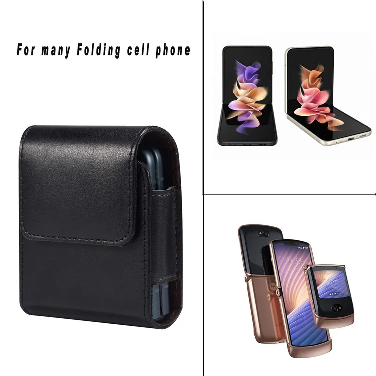 Bolsa de Teléfono Plegable de Cintura de Cuero Genuina Para Huawei P50 Bolsillo/samsung Galaxy Z Flip3 5G/Z Flip 5G/Z Flip, Clip de Cinturón Magnetic Flip Case