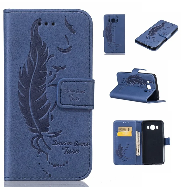 Imprint Feather Pattern Magnetic Leather Wallet Case for Samsung Galaxy J5 (2016) SM-J510 - Blue