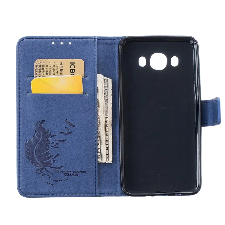 Imprint Feather Pattern Magnetic Leather Wallet Case for Samsung Galaxy J5 (2016) SM-J510 - Blue