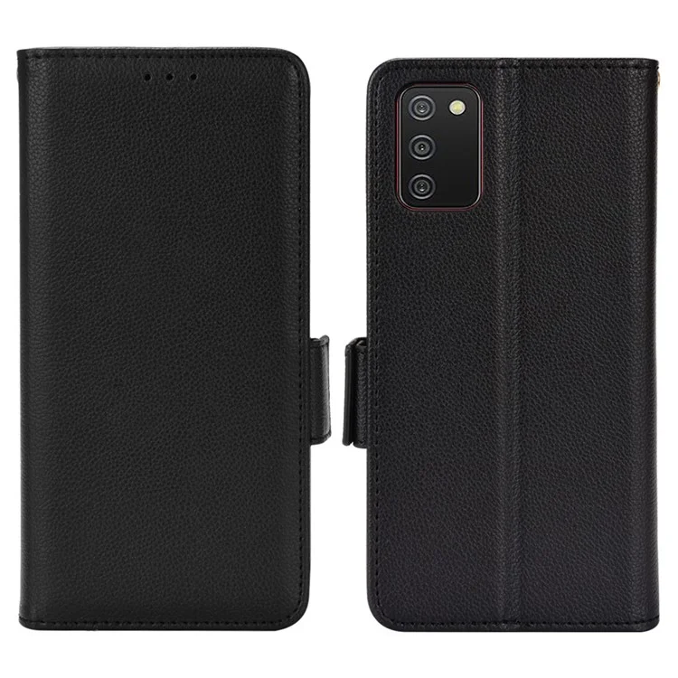 Для Samsung Galaxy A02s/A03s (164,2 x 75,9 x 9,1 мм) Чехол-книжка из кожи с текстурой личи, магнитная застежка, подставка-бумажник, защитный бампер из ТПУ - черный