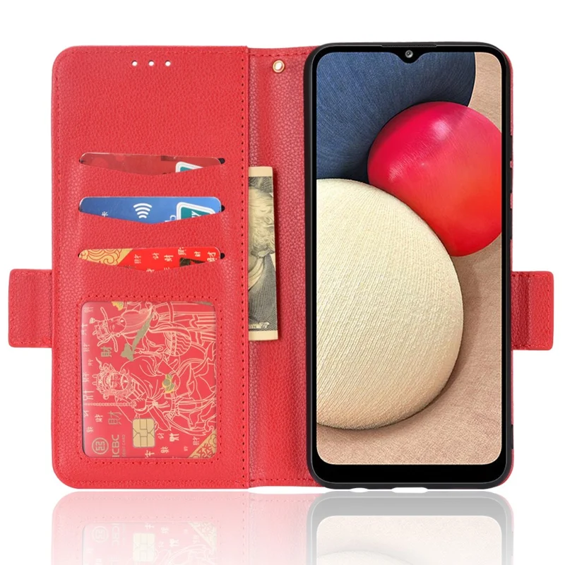 حالة جلد البولي يوريثان بملمس تشيتشي لهاتف سامسونج جالاكسي A02s (164.2 مم) / A03s (164.2 مم) مع حامل ومحفظة وغطاء داخلي من مادة TPU - أحمر