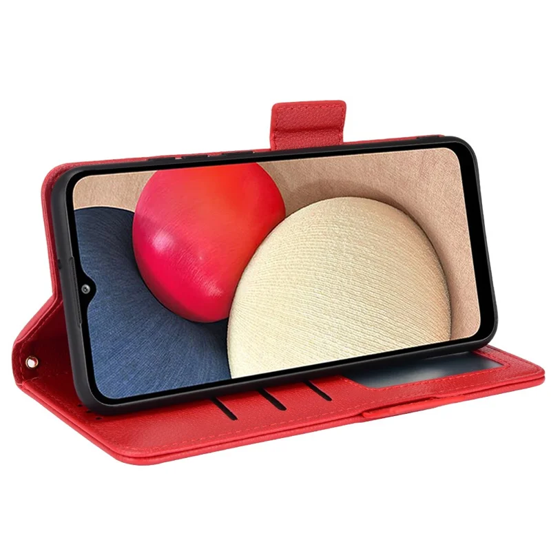 حالة جلد البولي يوريثان بملمس تشيتشي لهاتف سامسونج جالاكسي A02s (164.2 مم) / A03s (164.2 مم) مع حامل ومحفظة وغطاء داخلي من مادة TPU - أحمر