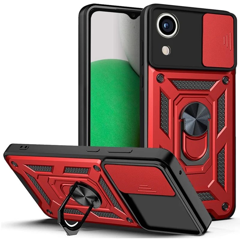 For Samsung Galaxy A03 Core PC + TPU Anti-Scratch Armour Phone Cover Ring Holder Kickstand Protective Case with Camera Slide Cover - Red