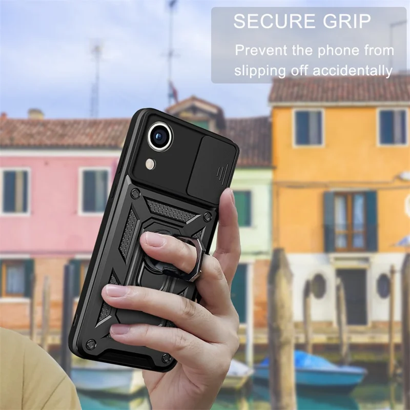 For Samsung Galaxy A03 Core PC + TPU Anti-Scratch Armour Phone Cover Ring Holder Kickstand Protective Case with Camera Slide Cover - Red