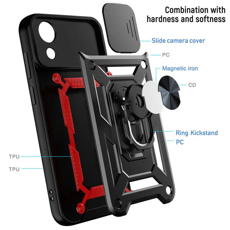 For Samsung Galaxy A03 Core PC + TPU Anti-Scratch Armour Phone Cover Ring Holder Kickstand Protective Case with Camera Slide Cover - Red