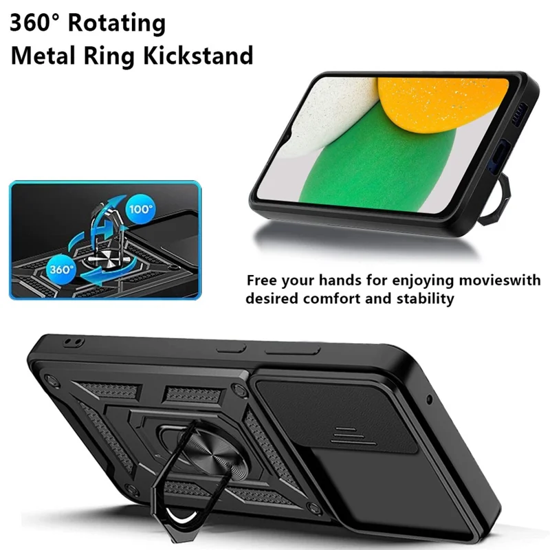 For Samsung Galaxy A03 Core PC + TPU Anti-Scratch Armour Phone Cover Ring Holder Kickstand Protective Case with Camera Slide Cover - Gold