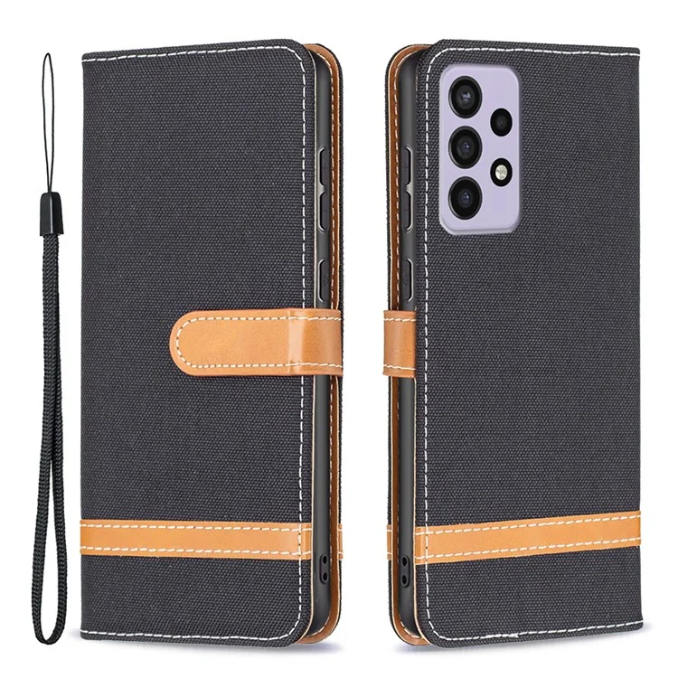 Para Samsung Galaxy A73 5G Jeans Pano Splicing Contraste Color pu Couro Phone Stand Phone Caixa de Telefone Com Cinta - Preto