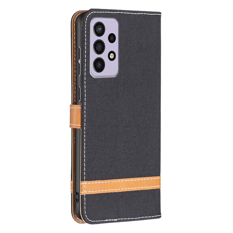 Para Samsung Galaxy A73 5G Jeans Pano Splicing Contraste Color pu Couro Phone Stand Phone Caixa de Telefone Com Cinta - Preto