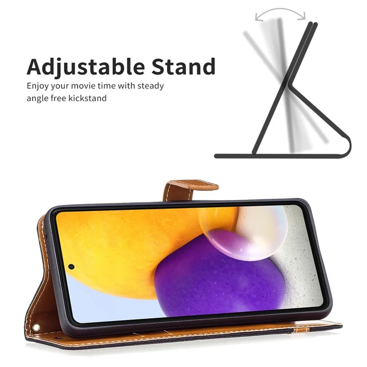 Para Samsung Galaxy A73 5G Jeans Pano Splicing Contraste Color pu Couro Phone Stand Phone Caixa de Telefone Com Cinta - Preto
