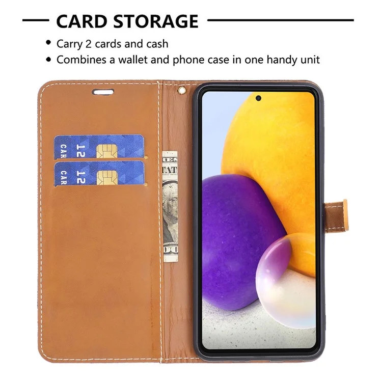 Para Samsung Galaxy A73 5G Jeans Pano Splicing Contraste Color pu Couro Phone Stand Phone Caixa de Telefone Com Cinta - Preto