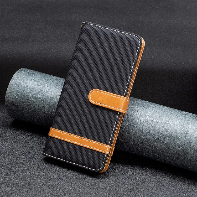 Para Samsung Galaxy A73 5G Jeans Pano Splicing Contraste Color pu Couro Phone Stand Phone Caixa de Telefone Com Cinta - Preto