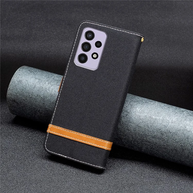 Para Samsung Galaxy A73 5G Jeans Pano Splicing Contraste Color pu Couro Phone Stand Phone Caixa de Telefone Com Cinta - Preto