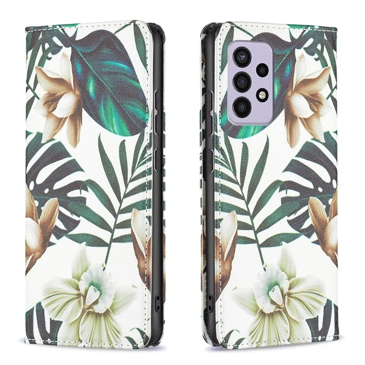 For Samsung Galaxy A33 5G Pattern Printing PU Leather Cover Stand Hidden Magnetic Adsorption Shockproof Flip Wallet Phone Case - Flower and Leaves