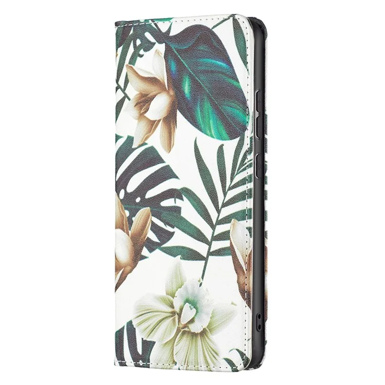 For Samsung Galaxy A33 5G Pattern Printing PU Leather Cover Stand Hidden Magnetic Adsorption Shockproof Flip Wallet Phone Case - Flower and Leaves