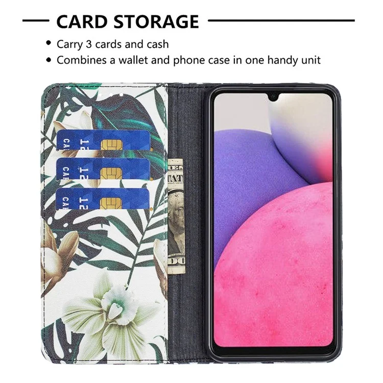 For Samsung Galaxy A33 5G Pattern Printing PU Leather Cover Stand Hidden Magnetic Adsorption Shockproof Flip Wallet Phone Case - Flower and Leaves