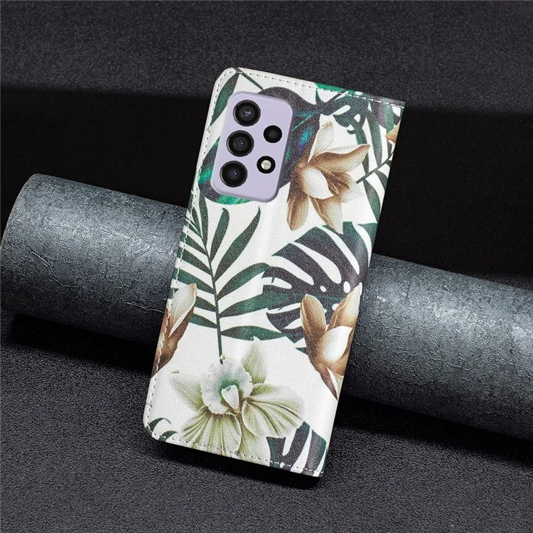 For Samsung Galaxy A33 5G Pattern Printing PU Leather Cover Stand Hidden Magnetic Adsorption Shockproof Flip Wallet Phone Case - Flower and Leaves