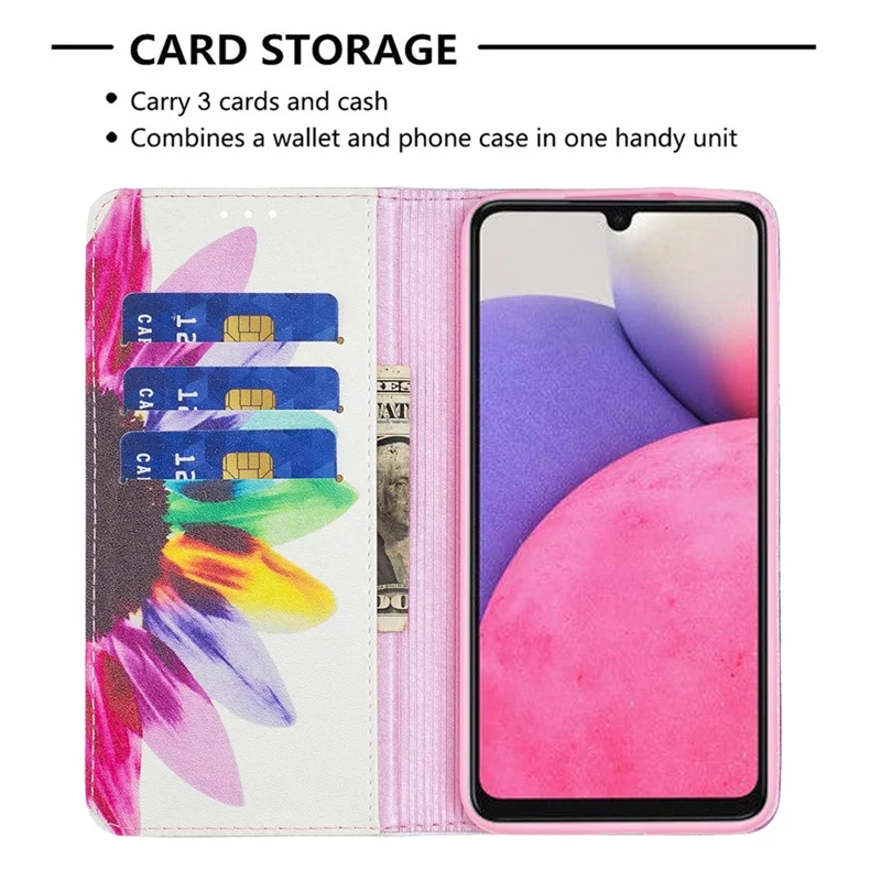 For Samsung Galaxy A33 5G Pattern Printing PU Leather Cover Stand Hidden Magnetic Adsorption Shockproof Flip Wallet Phone Case - Sunflower