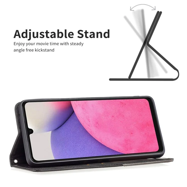 For Samsung Galaxy A33 5G Phone Case Imprinting Pattern Splicing Style Phone Cover Card Slots Design Leather Phone Shell - Black