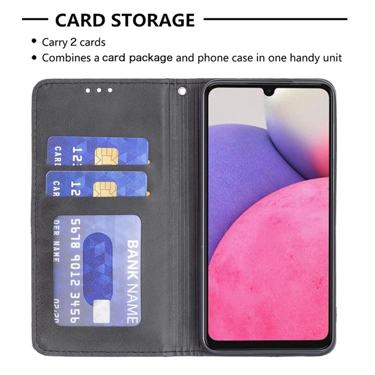 For Samsung Galaxy A33 5G Phone Case Imprinting Pattern Splicing Style Phone Cover Card Slots Design Leather Phone Shell - Black