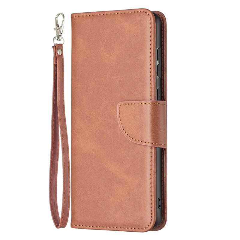For Samsung Galaxy A33 5G Textured PU Leather Full Protective Wallet Stand Phone Cover with Strap - Brown